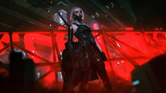 Anime Girl with Sword in Red Neon Area