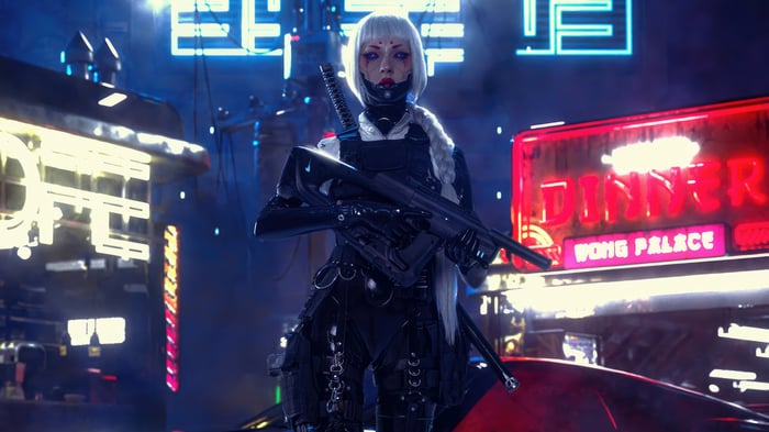 Cyberpunk woman with shotgun and katana