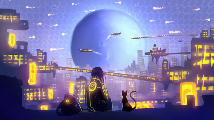 Girl and cat in a futuristic city with a large moon