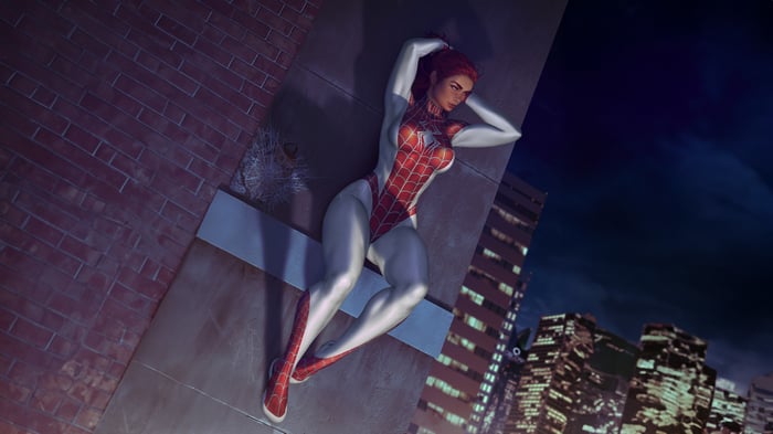 Mary Jane Spidergirl on a rooftop at night