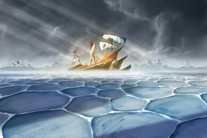 Shipwrecked in an icy landscape under stormy skies