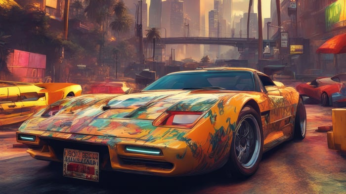 Graffiti-covered sports car in a city