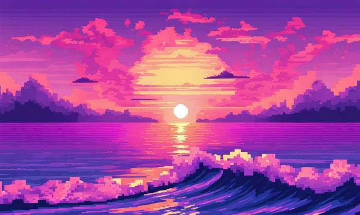 8 Bit Synthwave Sunset Over Ocean Waves