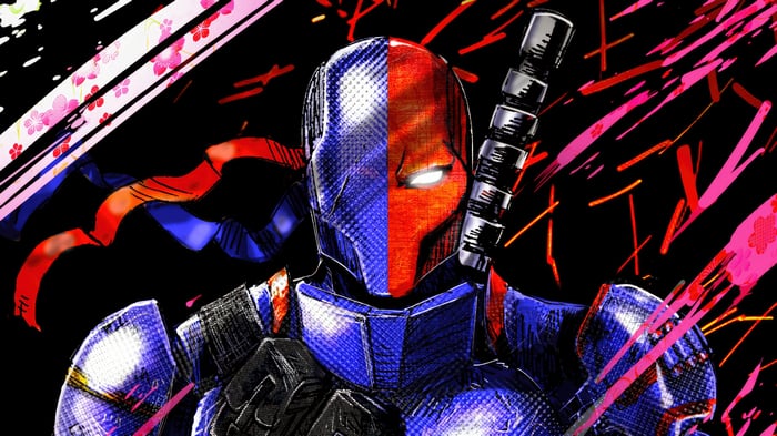 Deathstroke with a split mask and sword
