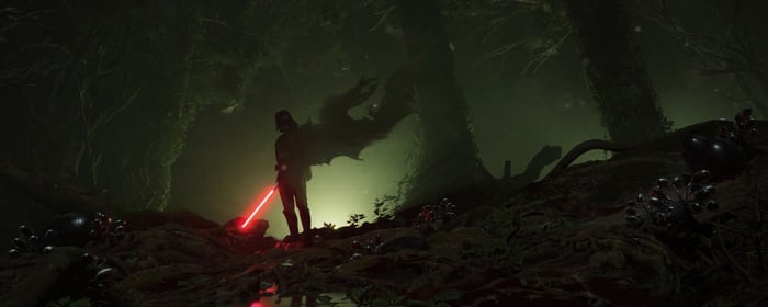 Darth Vader with red lightsaber in a dark forest