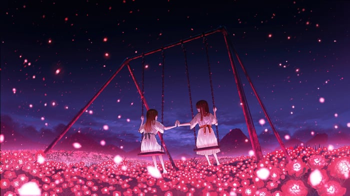 Anime Girls on a Swing in a Flower Field