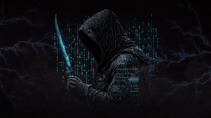 Hacker with glowing sword and digital rain