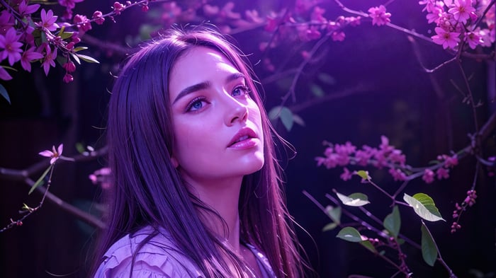 Beautiful girl with blue eyes among purple flowers