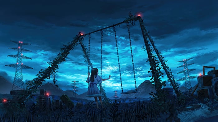 Anime girl on a swing in a post-apocalyptic landscape
