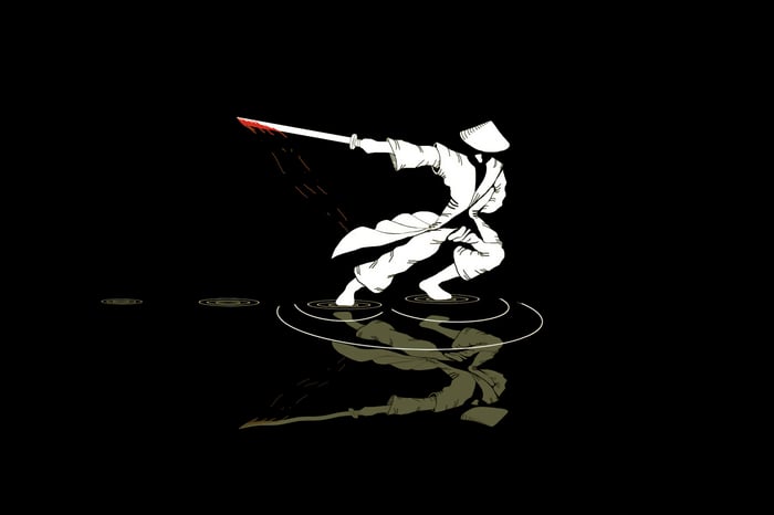 Samurai with sword on water