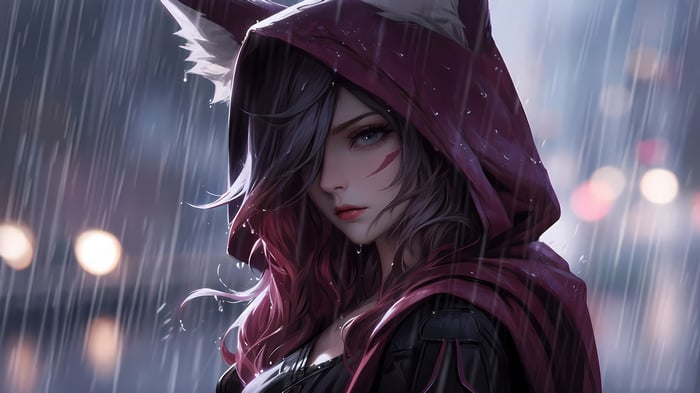 Xayah from League of Legends in the rain