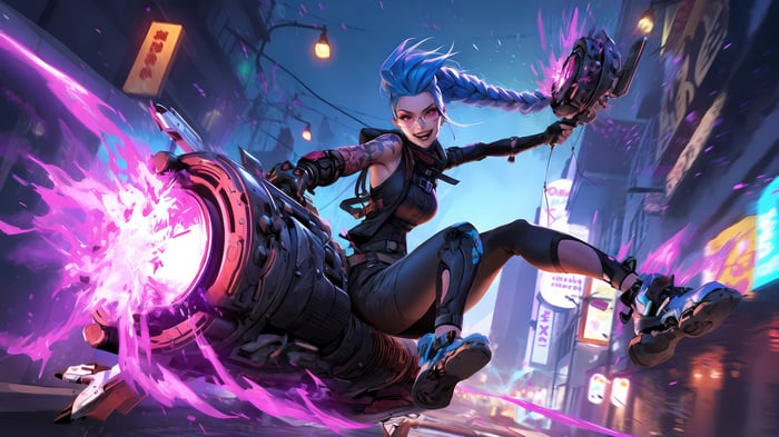 Jinx riding a mechanical weapon in a neon city