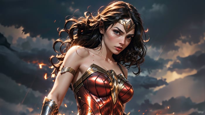 Wonder Woman in a dramatic sky