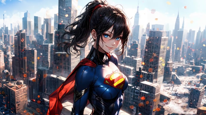 Anime Superwoman in a Cityscape