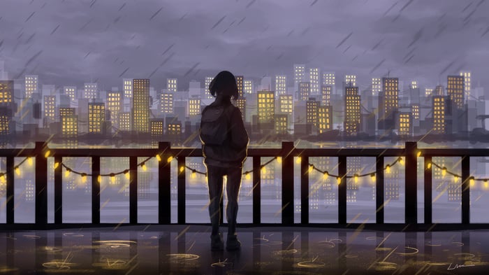 Anime girl in the rain looking at a city skyline