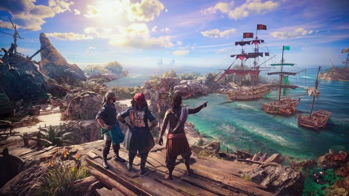 Skull and Bones pirates on a tropical island overlooking ships