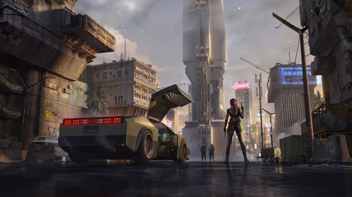 Cyberpunk Cityscape with Futuristic Car and Woman