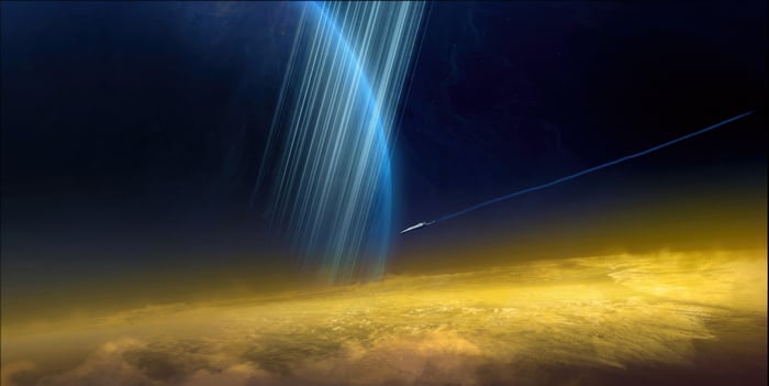 Spaceship flying near Saturn's rings