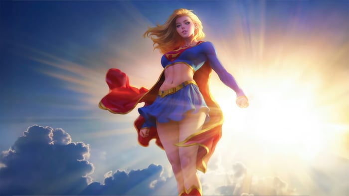 Supergirl flying in the sky with sun rays