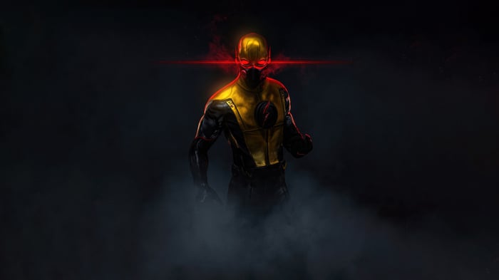 The Reverse Flash with glowing red eyes