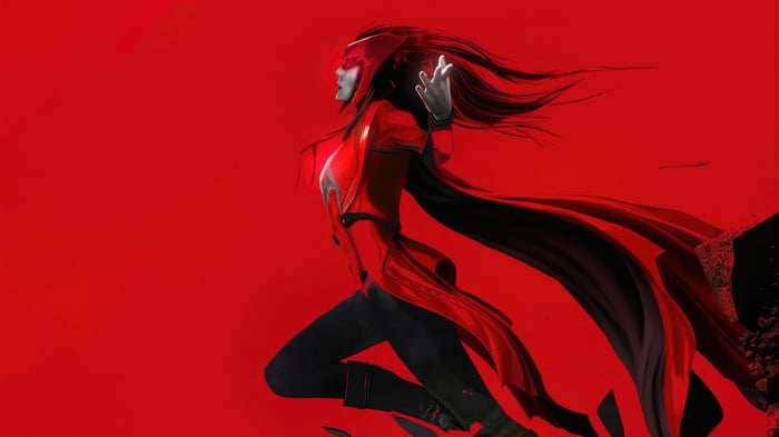 Scarlet Witch in a red costume with a cape
