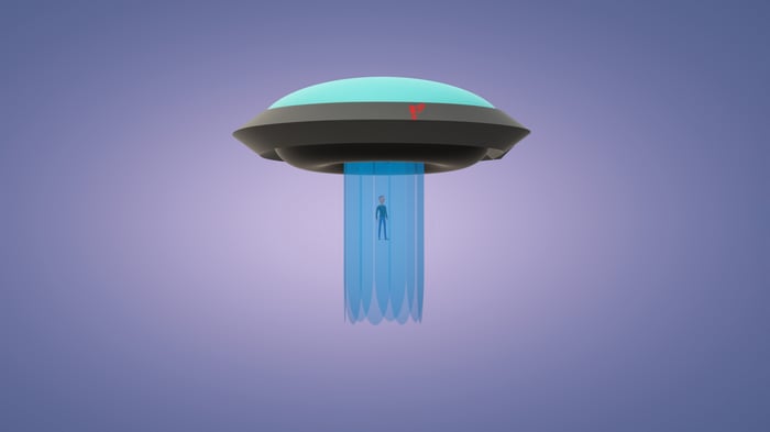 UFO abducting a human with a blue beam
