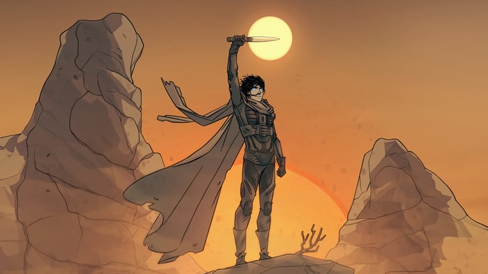 Muad Dib Dune holding a knife in the desert