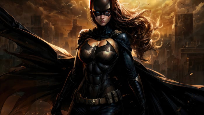 Batgirl in a dark city at sunset