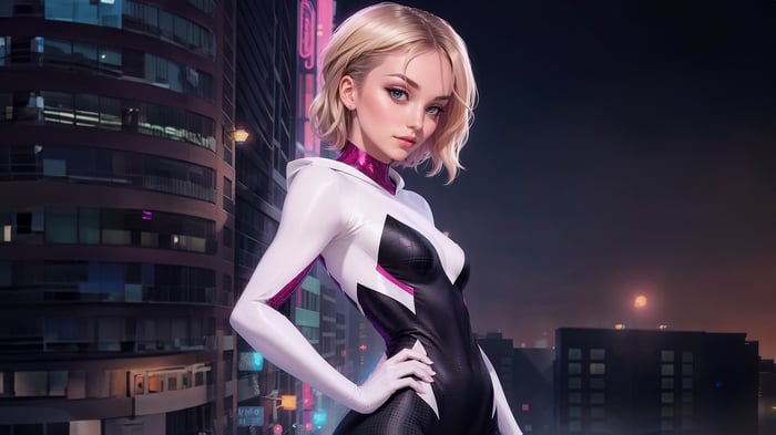 Gwen Stacy in Spider-Gwen costume in a city at night
