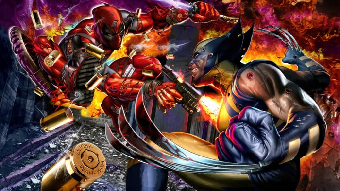 Deadpool and Wolverine in a violent battle