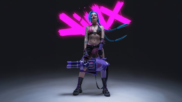 Jinx with a large purple gun and pink neon sign