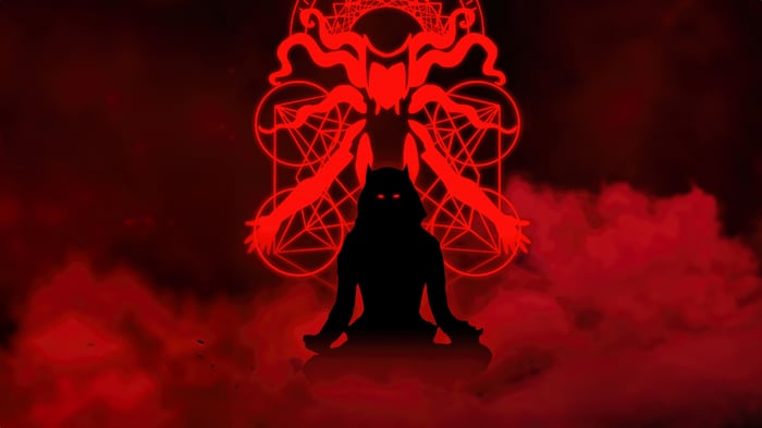 Scarlet Witch with occult symbols and red smoke