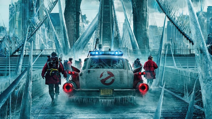 Ghostbusters Frozen Empire Ecto-1 on Frozen Bridge
