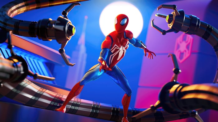Spider-Man in a futuristic city with mechanical arms