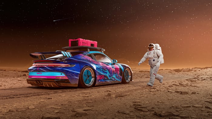 Porsche 911 GT3 and astronaut on Mars