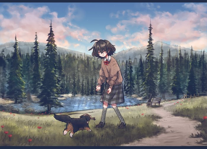 Girl and dog in a mountain forest