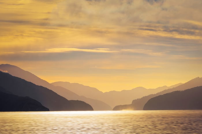 Sunset over mountains and water