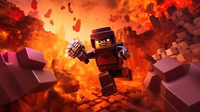 Lego Character in a Fiery Lego World