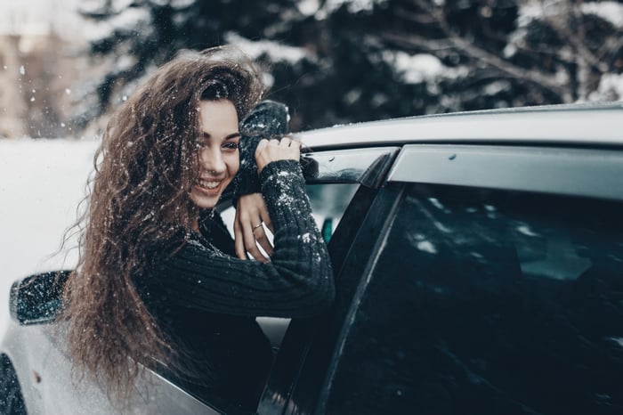 Girl In Snow Coming Out Of Car Window