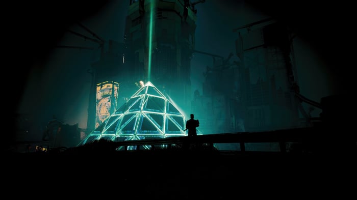 Cyberpunk 2077 pyramid with green beam