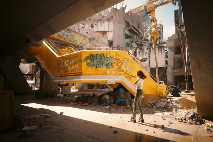 Cyberpunk 2077 abandoned construction site with graffiti