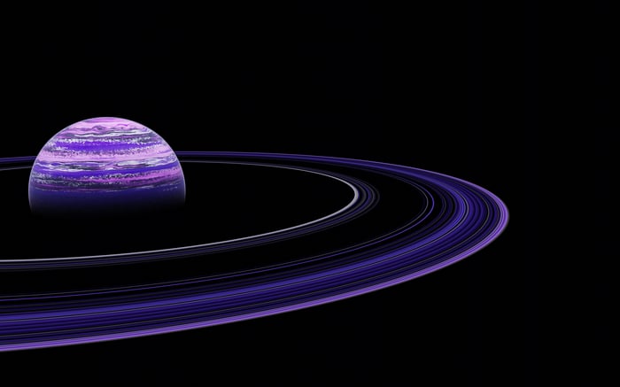 Purple planet with rings in space