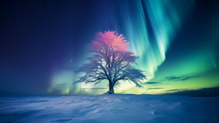 Tree under Aurora Borealis in snowy landscape