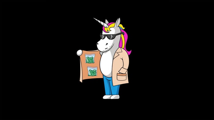 Unicorn holding bags of marijuana