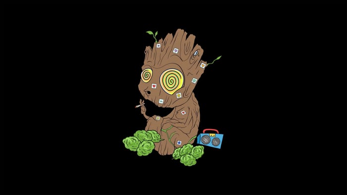 Baby Groot with LSD tabs and marijuana
