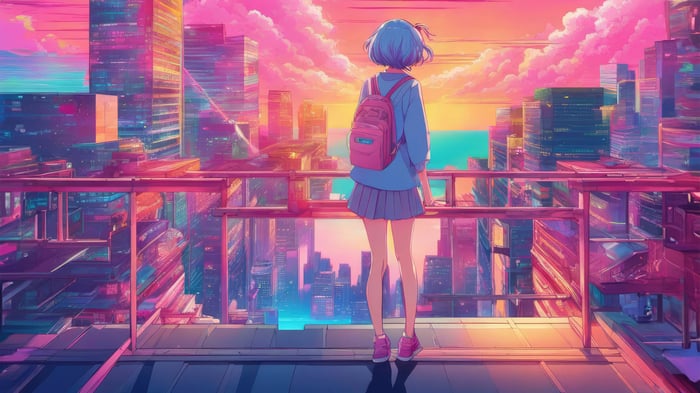 Vaporwave Anime Girl Overlooking Cityscape