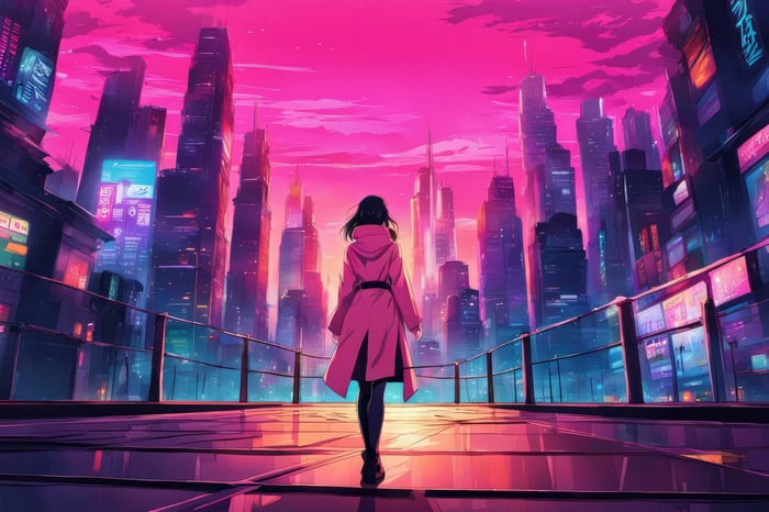 Woman in pink coat in a cyberpunk city