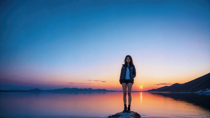 Girl standing on a rock in a lake at sunset