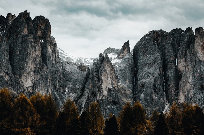 Jagged mountain peaks above a dark forest