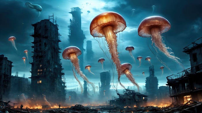 Giant Jellyfish Overlooking Ruined Cityscape